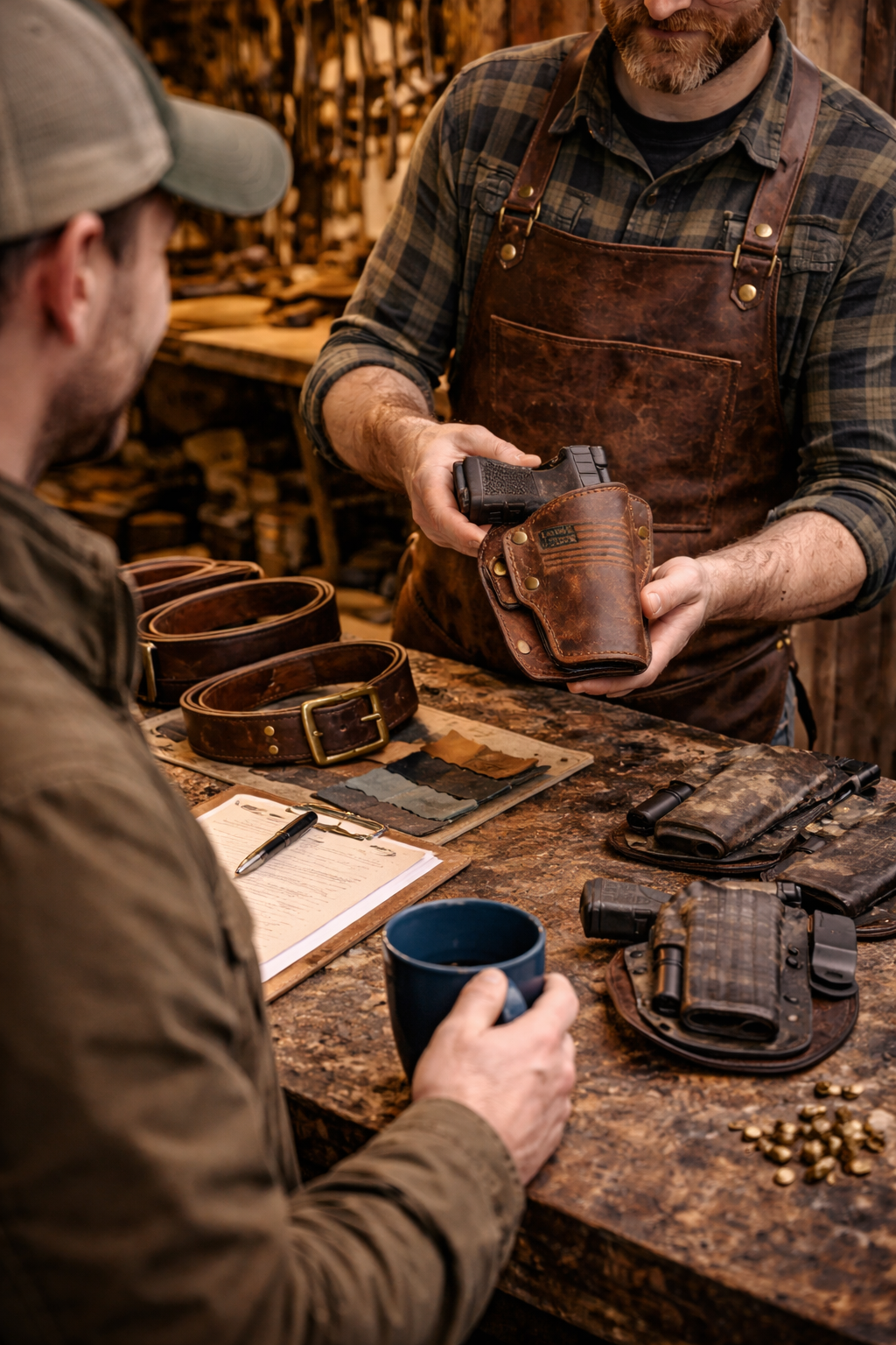 Craftsman and customer in leather workshop