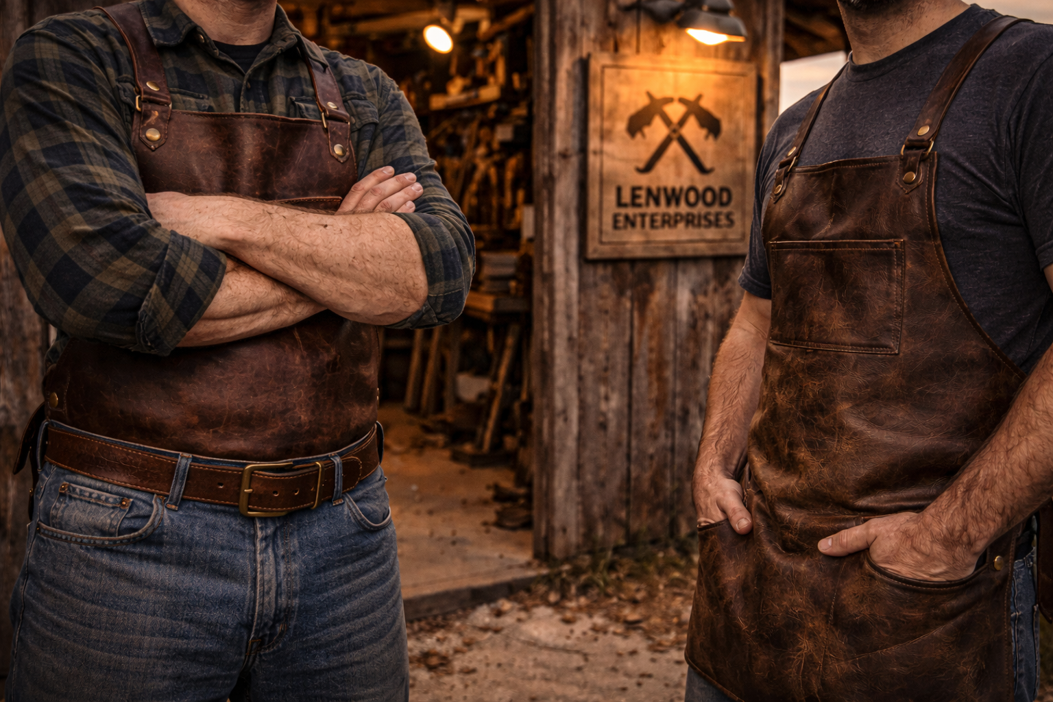 Craftsmen outside Lenwood Enterprises at sunset
