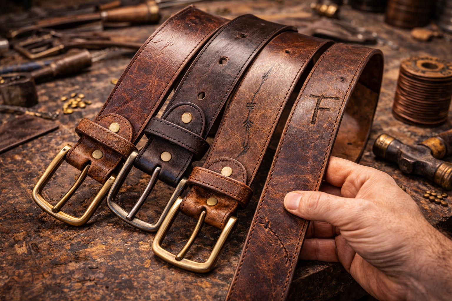 Handcrafted leather belts on workbench
