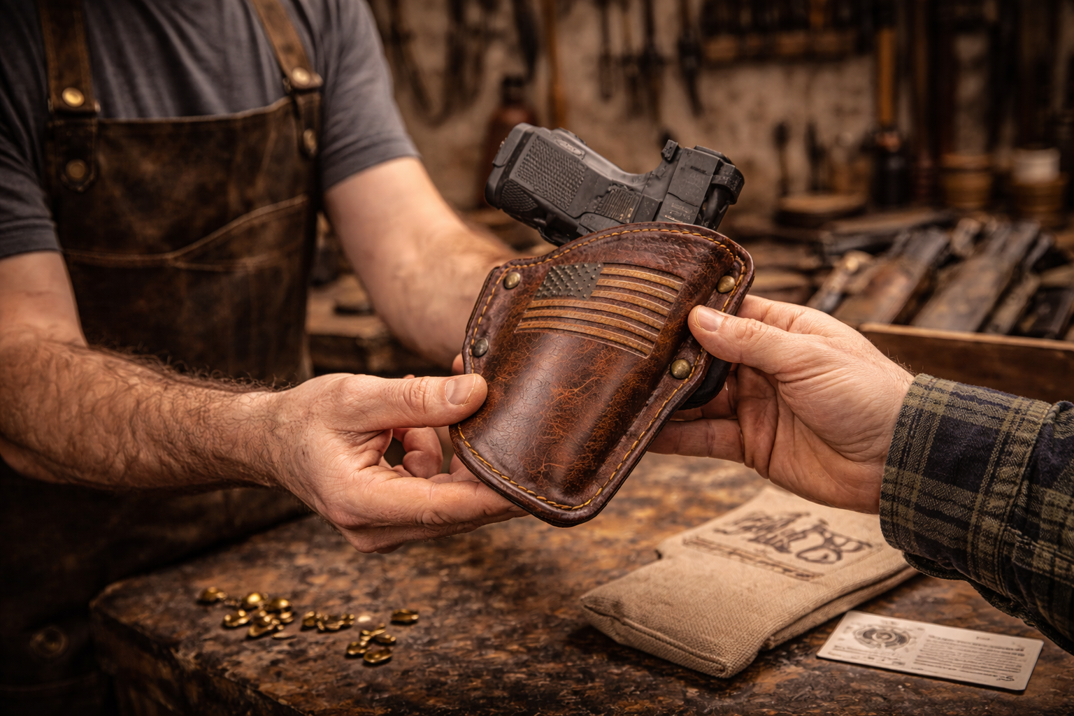 Handcrafted leather holster exchange in workshop