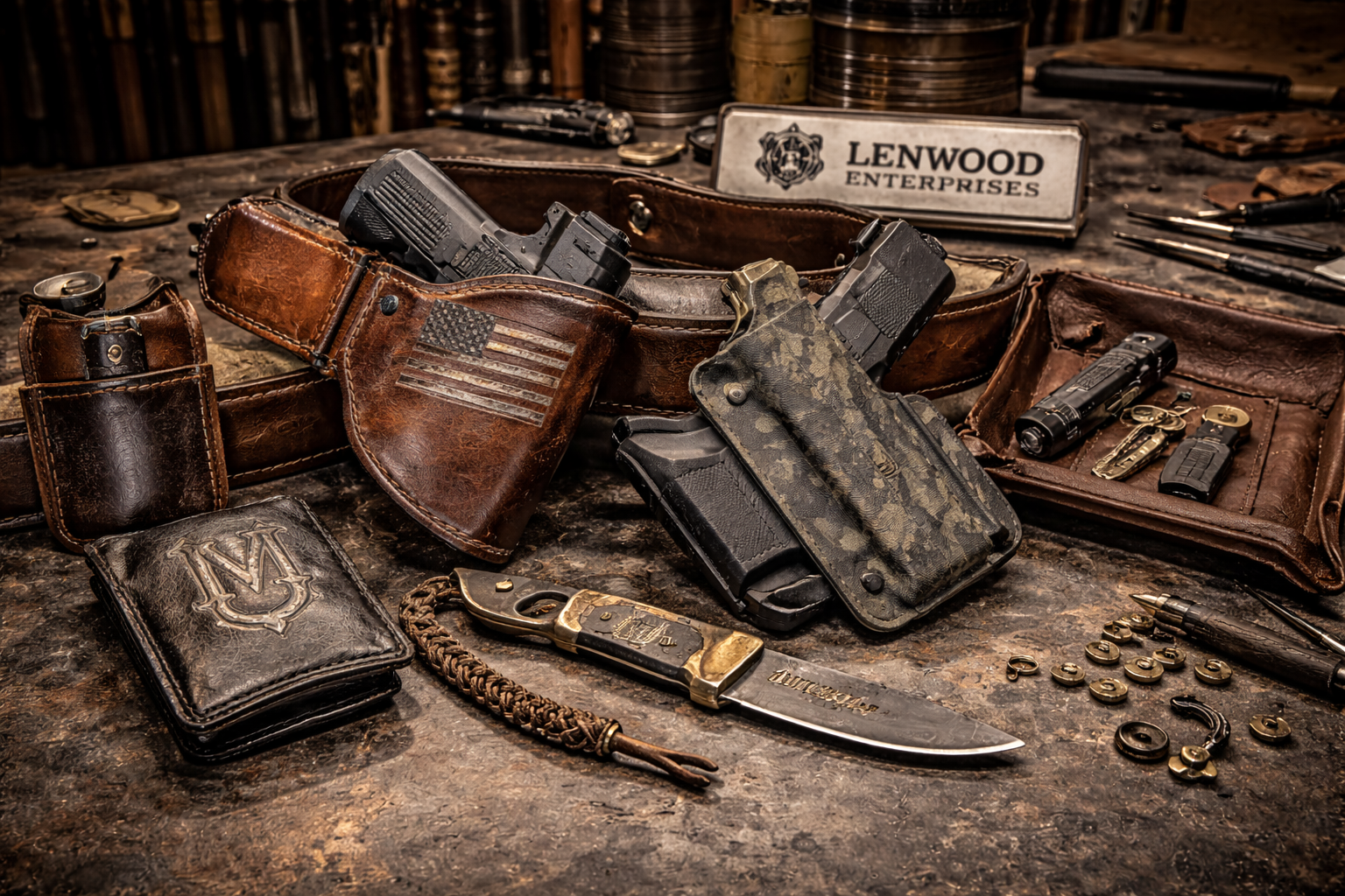Leather gun holsters with pistols and other leather products